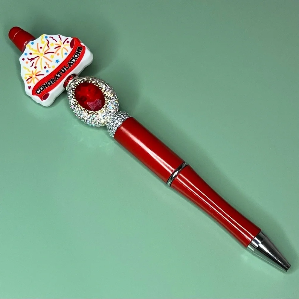 Red Congratulations Handmade Beaded Pen with Gemstone Accent